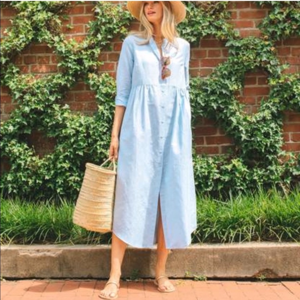 Tuckernuck Light Blue Chambray Linen Cotton Sheffield Midi Shirt Dress XS